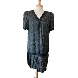 GEMINI II 80s Black Paisley Pleated Drop Waist Big Shoulder Dress Union Made 18P